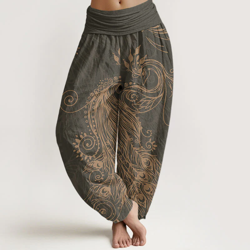 Pantaloni harem da donna con elastico in vita, in cotone, casual, con motivo a pavone, motivo Buddha Stones