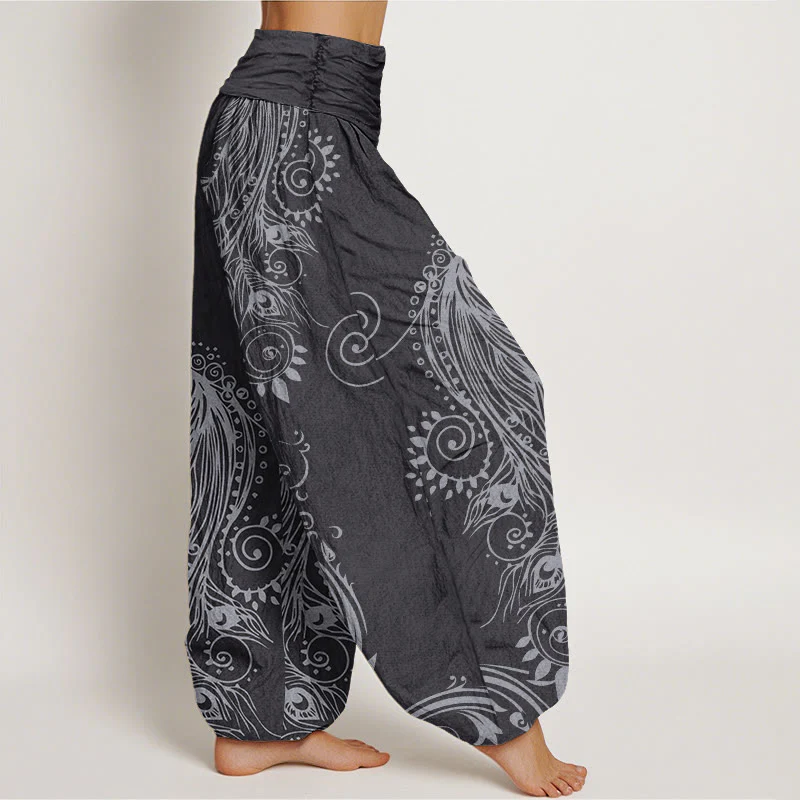 Pantaloni harem da donna con elastico in vita, in cotone, casual, con motivo a pavone, motivo Buddha Stones - Image 10