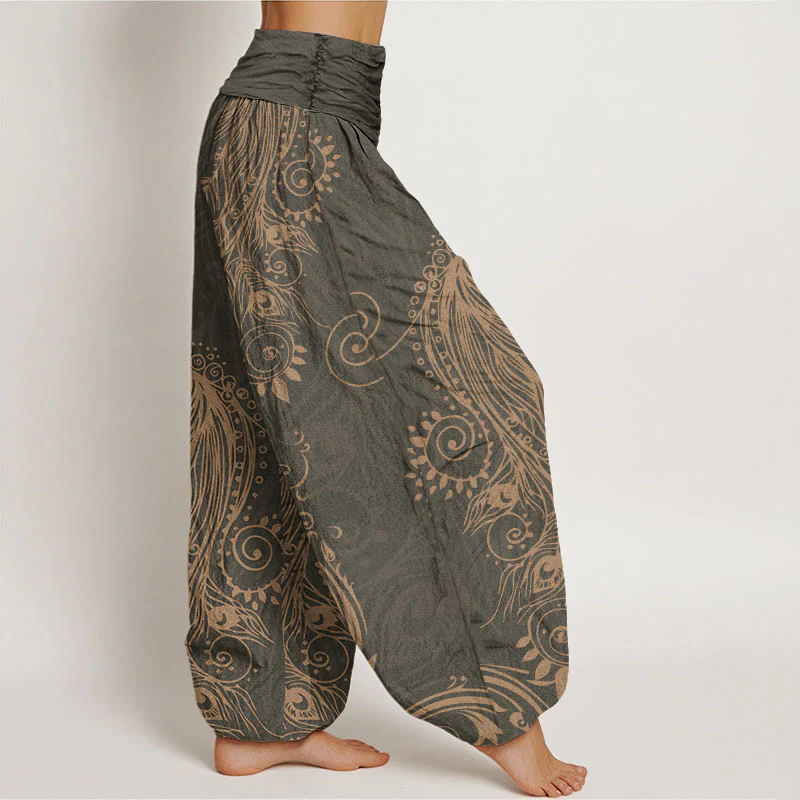 Pantaloni harem da donna con elastico in vita, in cotone, casual, con motivo a pavone, motivo Buddha Stones - Image 3