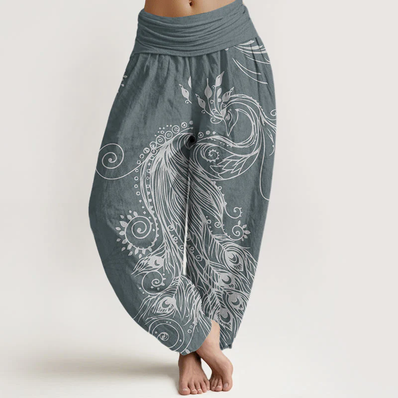 Pantaloni harem da donna con elastico in vita, in cotone, casual, con motivo a pavone, motivo Buddha Stones - Image 5