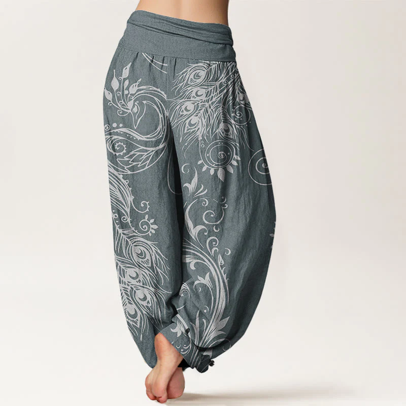 Pantaloni harem da donna con elastico in vita, in cotone, casual, con motivo a pavone, motivo Buddha Stones - Image 6
