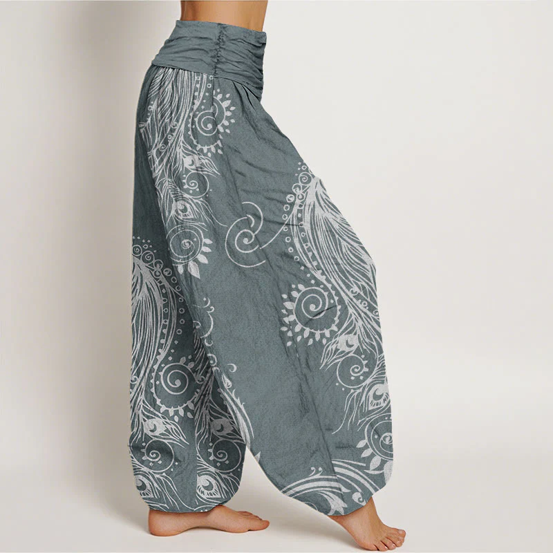 Pantaloni harem da donna con elastico in vita, in cotone, casual, con motivo a pavone, motivo Buddha Stones - Image 7