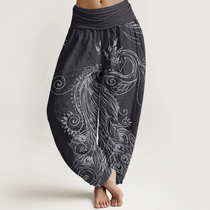 Pantaloni harem da donna con elastico in vita, in cotone, casual, con motivo a pavone, motivo Buddha Stones - Image 8