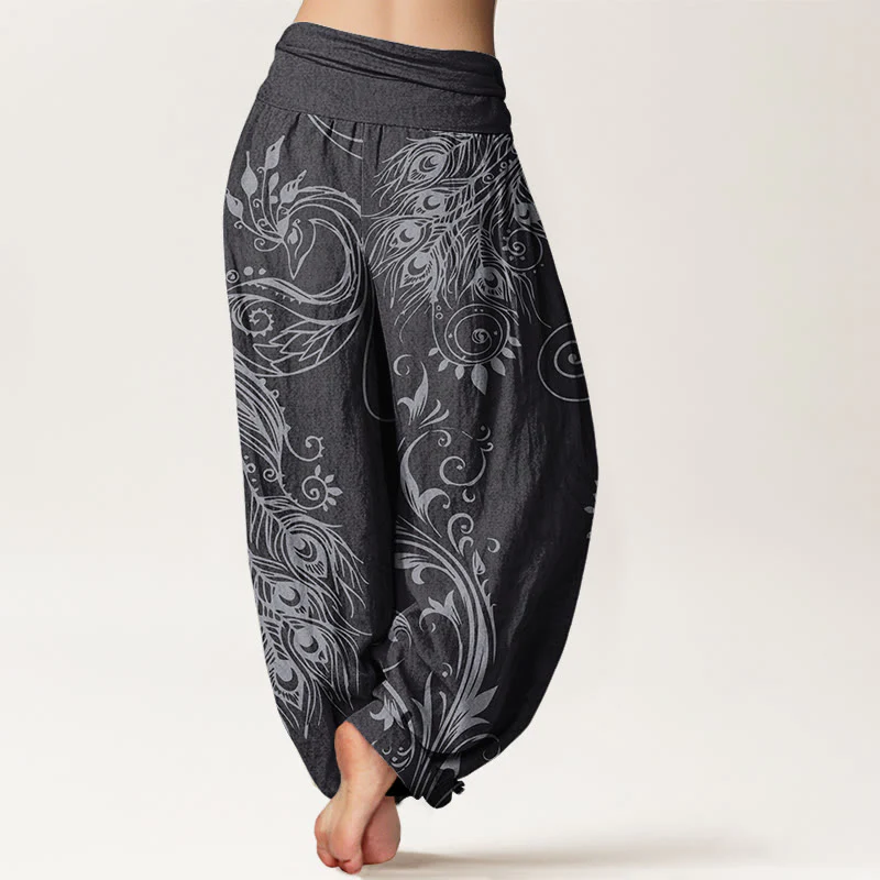 Pantaloni harem da donna con elastico in vita, in cotone, casual, con motivo a pavone, motivo Buddha Stones - Image 9