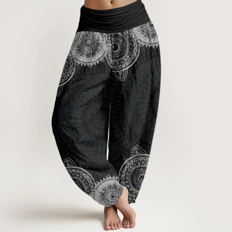 Pantaloni harem da donna con elastico in vita e motivo mandala circolare in cotone con Buddha Stones