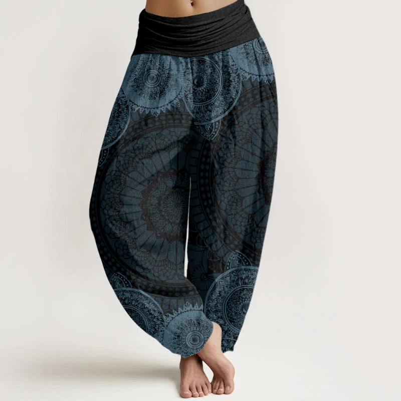Pantaloni harem da donna con elastico in vita e motivo mandala circolare in cotone con Buddha Stones - Image 5