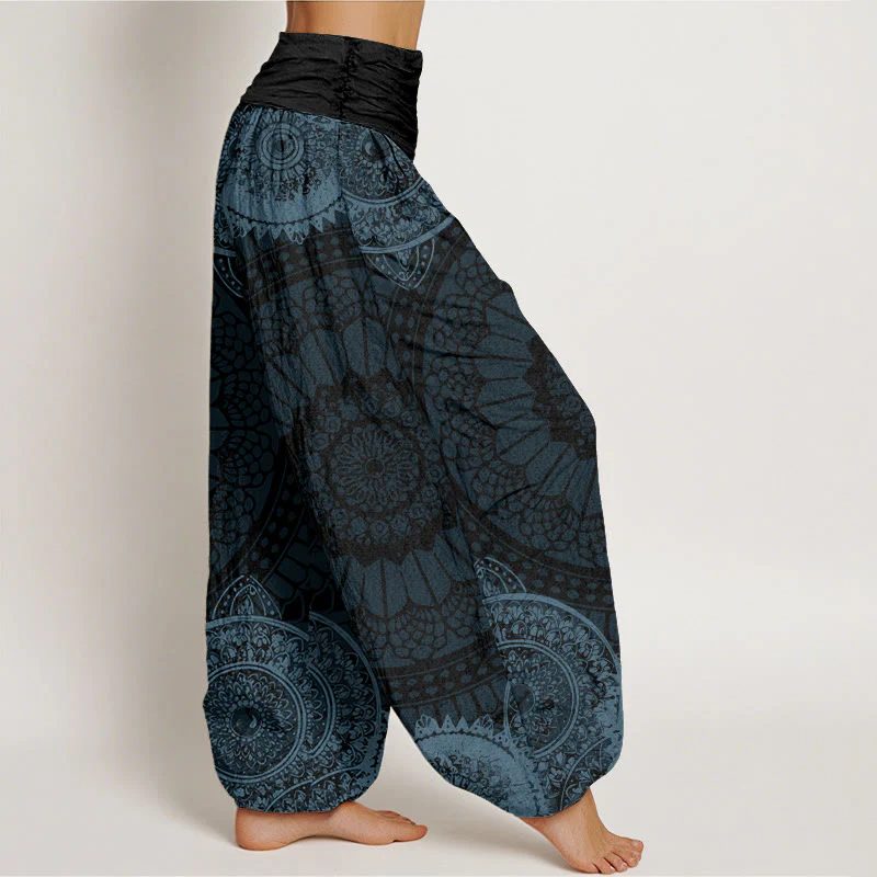 Pantaloni harem da donna con elastico in vita e motivo mandala circolare in cotone con Buddha Stones - Image 7