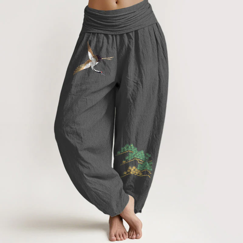 Pantaloni harem con elastico in vita e motivo a gru e pino in puro cotone da donna Buddha Stones - Image 9