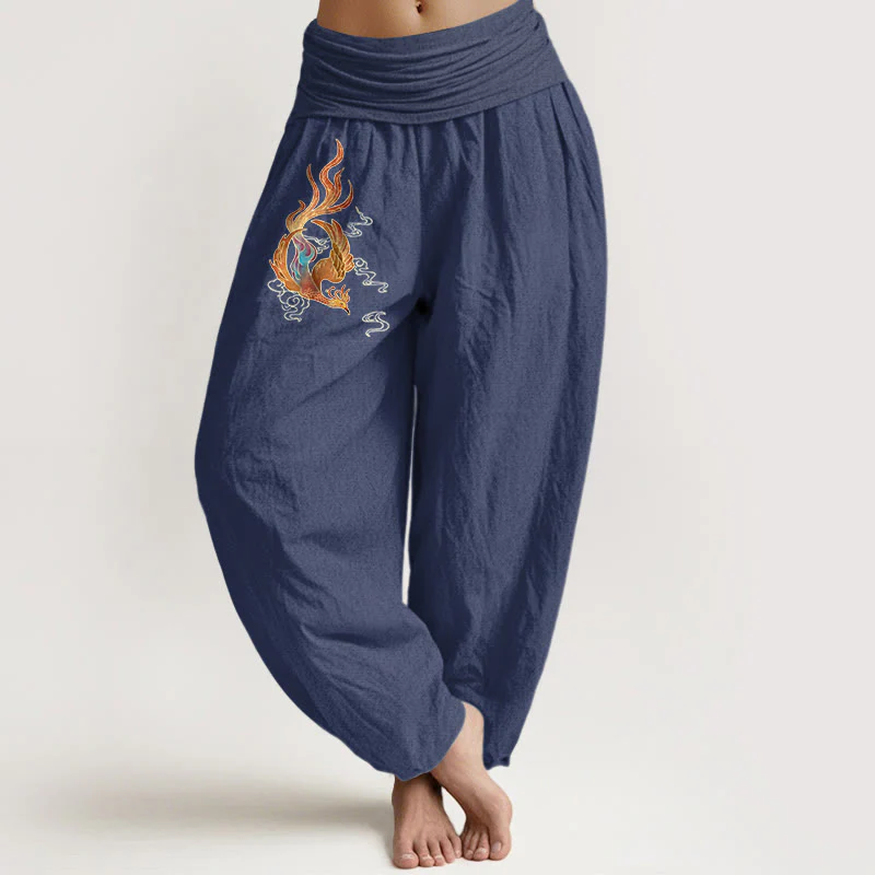 Pantaloni harem con elastico in vita e motivo a nuvola di buon auspicio in puro cotone da donna Buddha Stones
