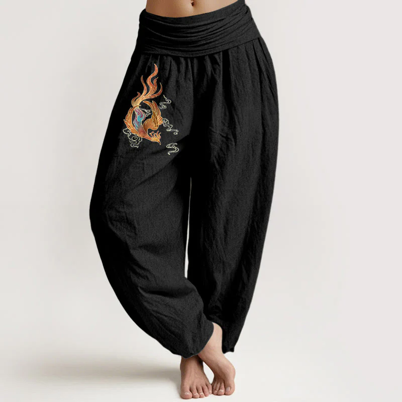 Pantaloni harem con elastico in vita e motivo a nuvola di buon auspicio in puro cotone da donna Buddha Stones - Image 6