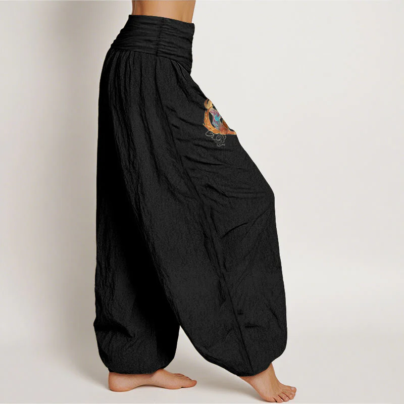 Pantaloni harem con elastico in vita e motivo a nuvola di buon auspicio in puro cotone da donna Buddha Stones - Image 7