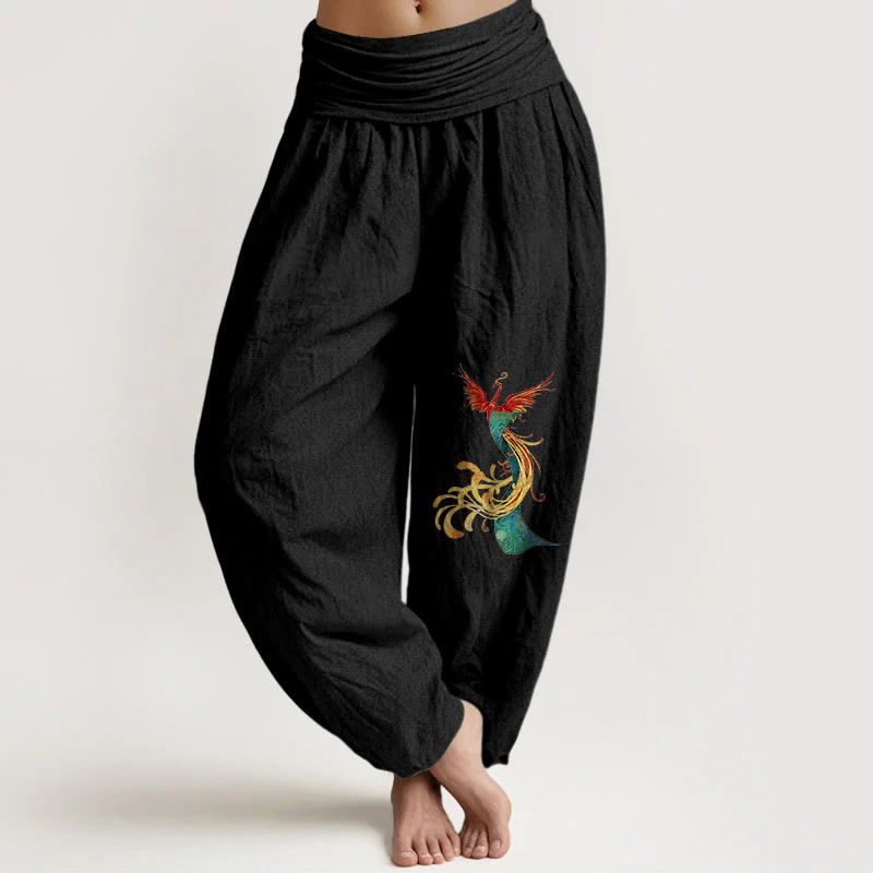 Pantaloni harem con elastico in vita e motivo fenice colorato in puro cotone da donna Buddha Stones