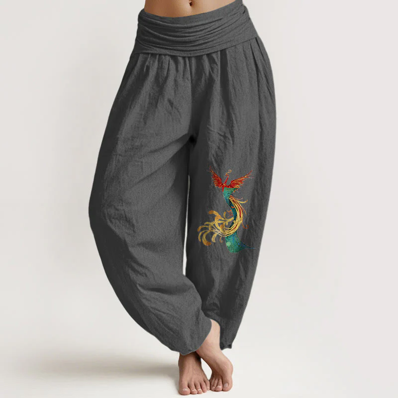 Pantaloni harem con elastico in vita e motivo fenice colorato in puro cotone da donna Buddha Stones - Image 9