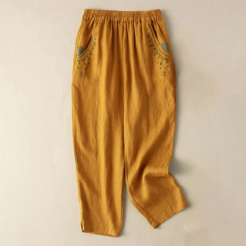 Pantaloni harem Capri con elastico in vita e tasche, ricamo vintage con Buddha Stones