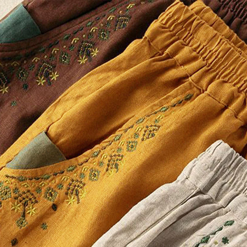 Pantaloni harem Capri con elastico in vita e tasche, ricamo vintage con Buddha Stones - Image 2