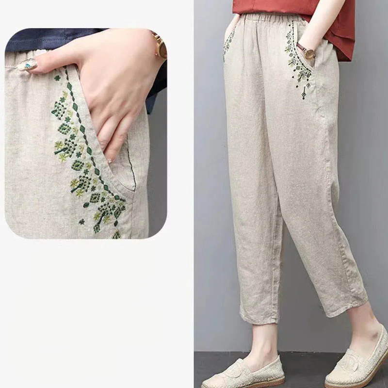 Pantaloni harem Capri con elastico in vita e tasche, ricamo vintage con Buddha Stones - Image 23