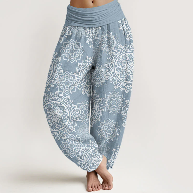 Pantaloni harem da donna con elastico in vita, in cotone, casual, con motivo mandala bianco e pietre Buddha Stones - Image 5