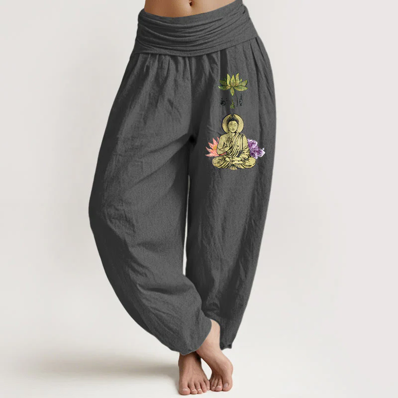 Pantaloni harem da Buddha Stones con elastico in vita, in puro cotone, con motivo tradizionale Buddha Lotus Buddha - Image 9