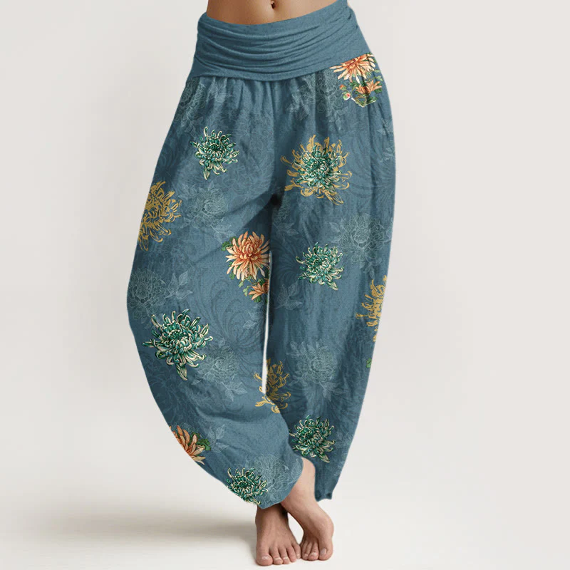 Pantaloni harem da Buddha Stones con elastico in vita, motivo crisantemo, in cotone, vari colori