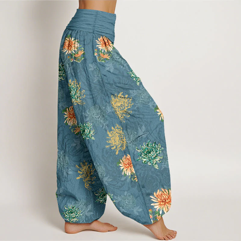 Pantaloni harem da Buddha Stones con elastico in vita, motivo crisantemo, in cotone, vari colori - Image 3