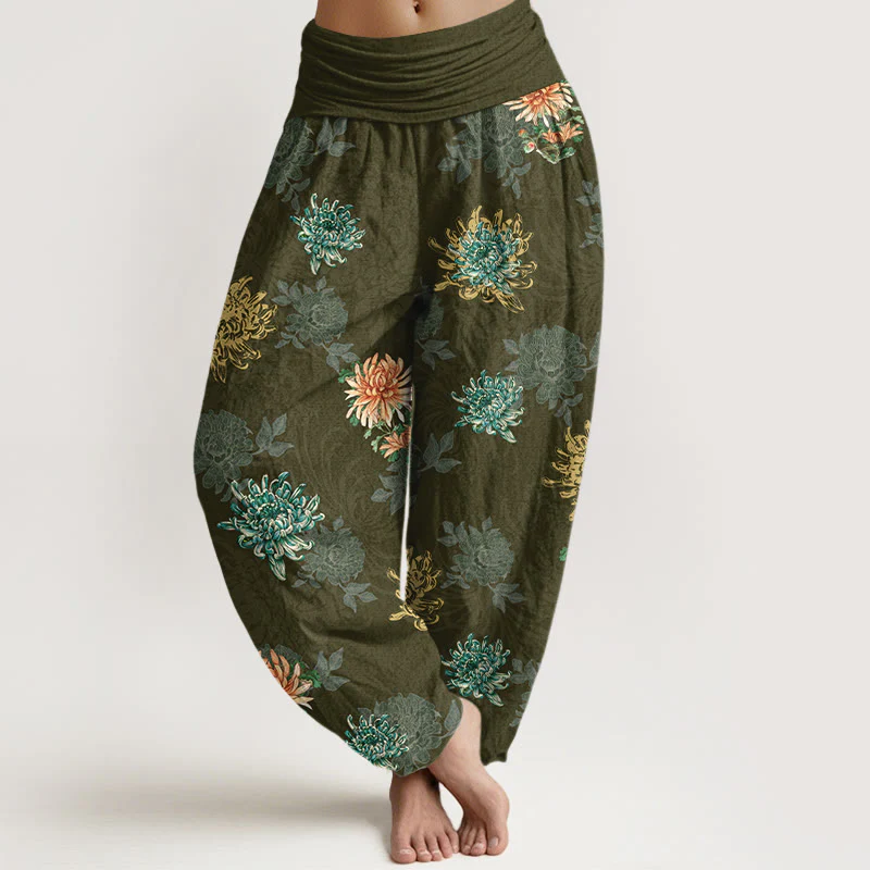 Pantaloni harem da Buddha Stones con elastico in vita, motivo crisantemo, in cotone, vari colori - Image 9