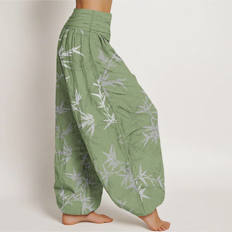 Pantaloni harem da donna con elastico in vita e foglie di bambù bianche in puro cotone Buddha Stones - Image 11