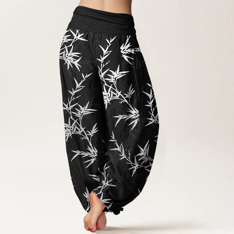Pantaloni harem da donna con elastico in vita e foglie di bambù bianche in puro cotone Buddha Stones - Image 2
