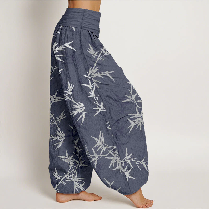 Pantaloni harem da donna con elastico in vita e foglie di bambù bianche in puro cotone Buddha Stones - Image 8