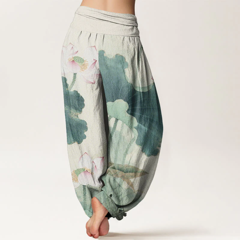 Pantaloni harem da donna con elastico in vita, modello Buddha Stones in cotone casual con petali di loto - Image 3