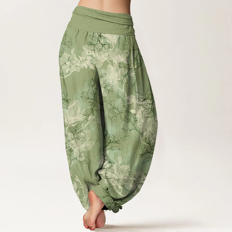 Pantaloni harem da donna con elastico in vita e motivo a boccioli di fiori freschi in cotone con Buddha Stones - Image 2