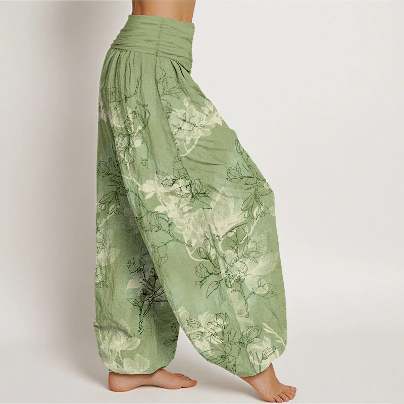 Pantaloni harem da donna con elastico in vita e motivo a boccioli di fiori freschi in cotone con Buddha Stones - Image 3