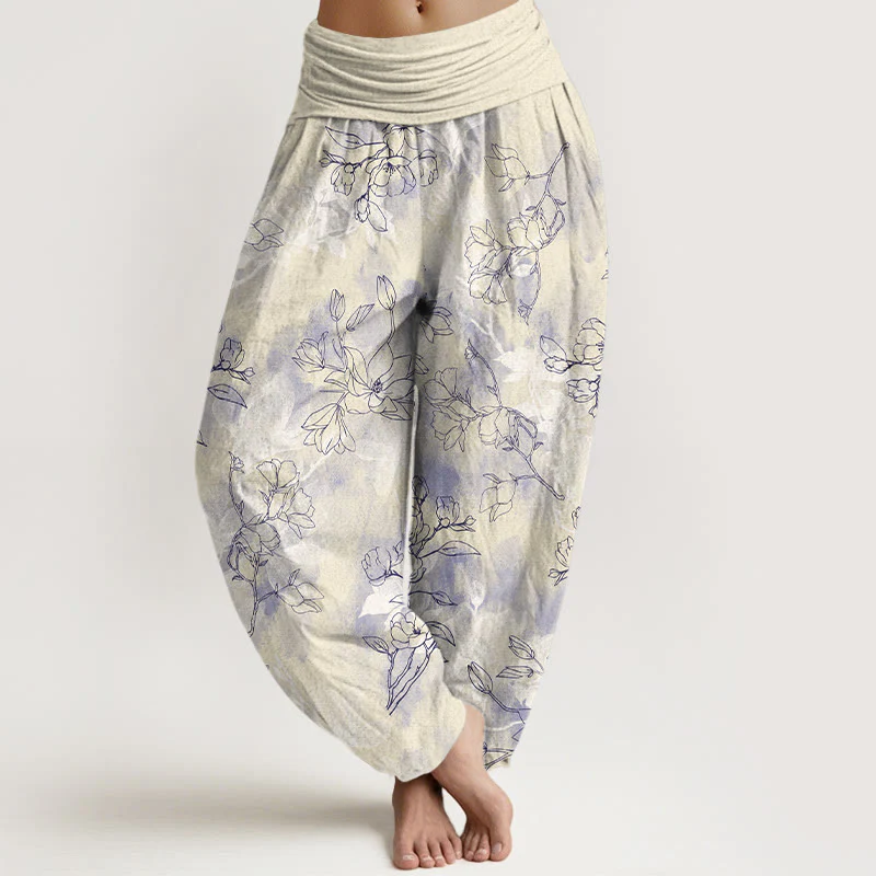 Pantaloni harem da donna con elastico in vita e motivo a boccioli di fiori freschi in cotone con Buddha Stones - Image 9