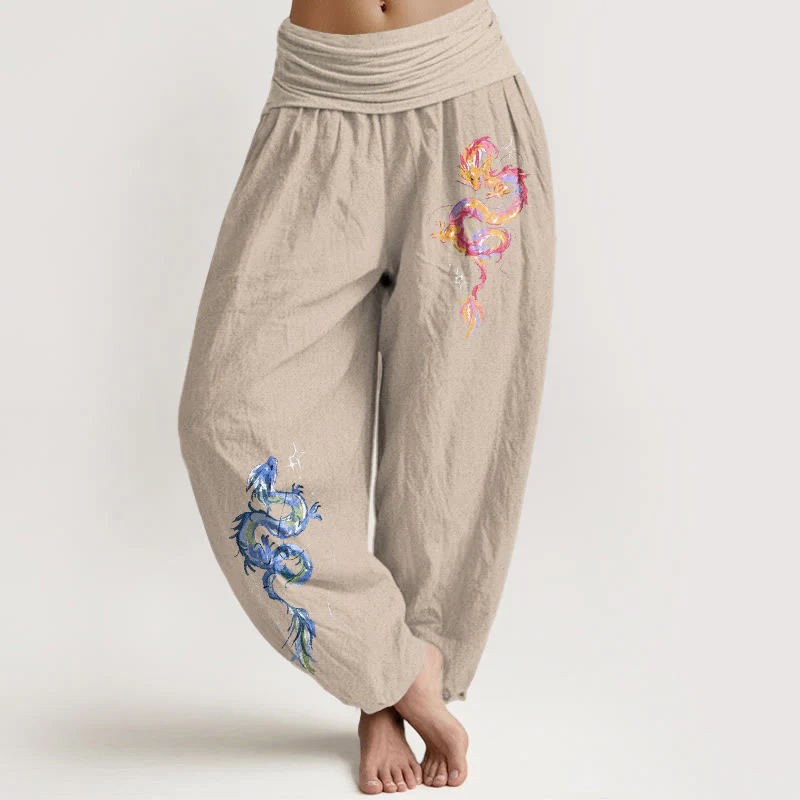 Pantaloni harem da donna con elastico in vita e motivo a drago in puro cotone Buddha Stones - Image 12