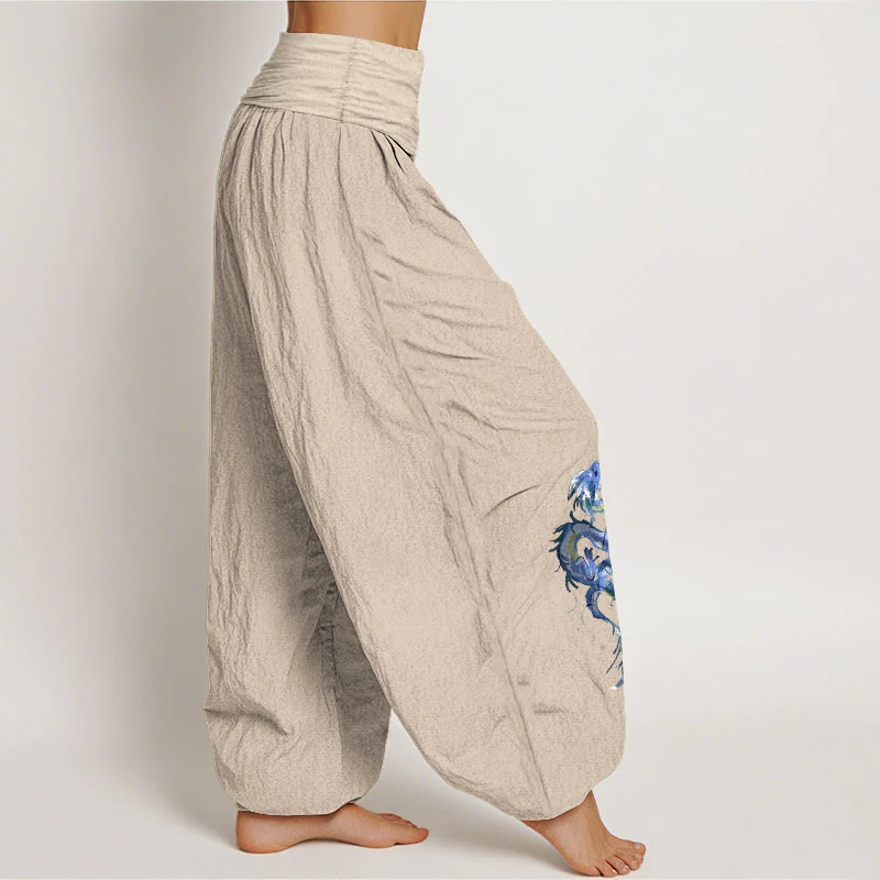 Pantaloni harem da donna con elastico in vita e motivo a drago in puro cotone Buddha Stones - Image 14
