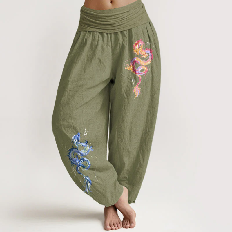 Pantaloni harem da donna con elastico in vita e motivo a drago in puro cotone Buddha Stones - Image 15