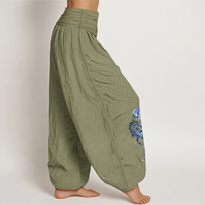 Pantaloni harem da donna con elastico in vita e motivo a drago in puro cotone Buddha Stones - Image 17