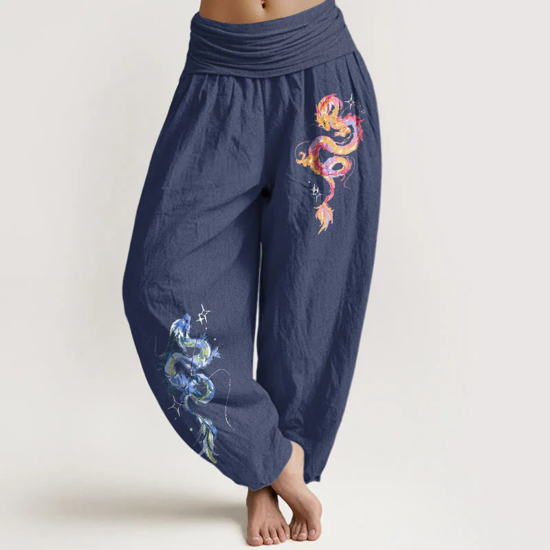Pantaloni harem da donna con elastico in vita e motivo a drago in puro cotone Buddha Stones - Image 6