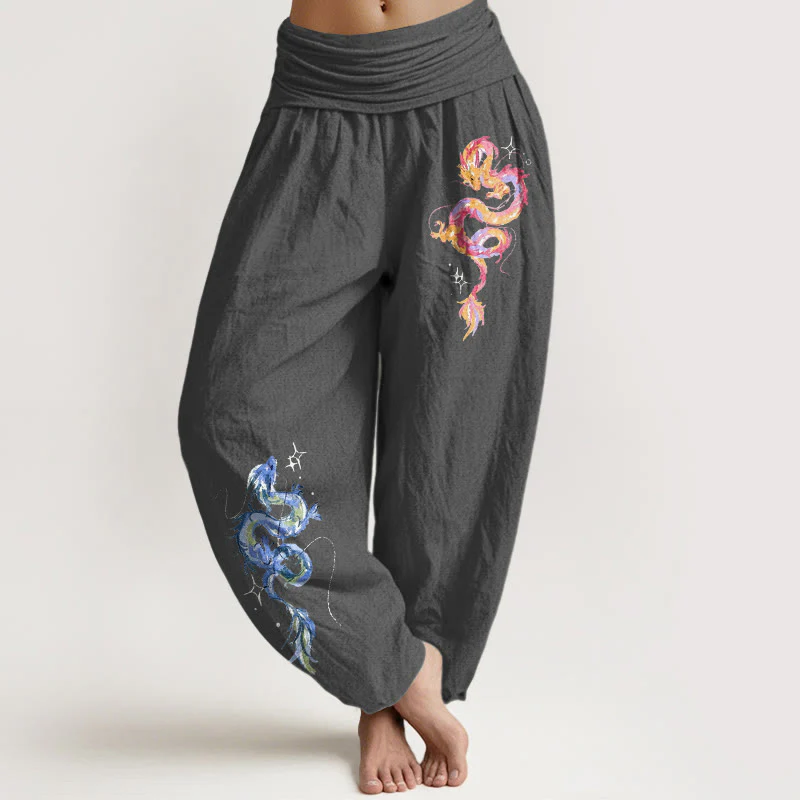 Pantaloni harem da donna con elastico in vita e motivo a drago in puro cotone Buddha Stones - Image 9