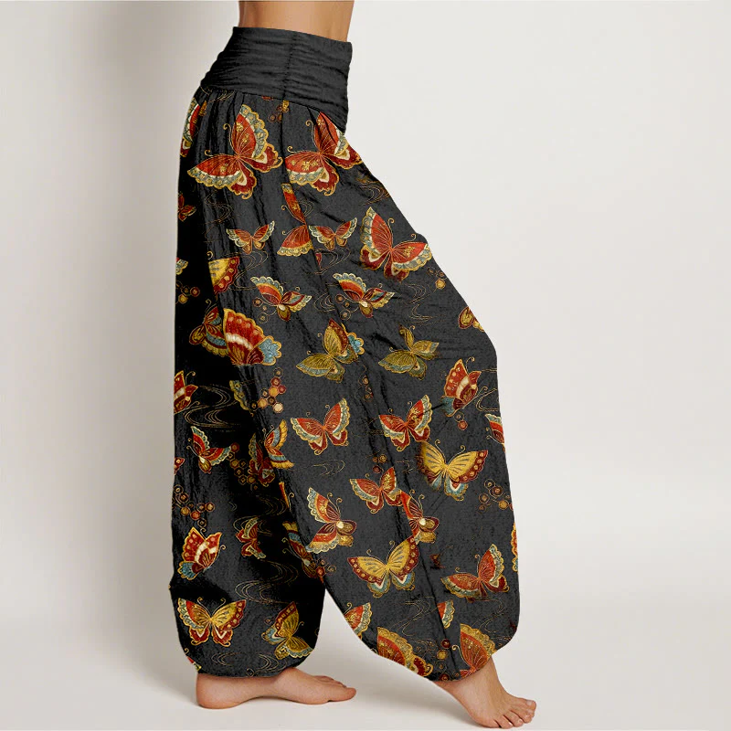 Pantaloni harem da donna con elastico in vita e motivo a farfalla colorata in cotone Buddha Stones - Image 3