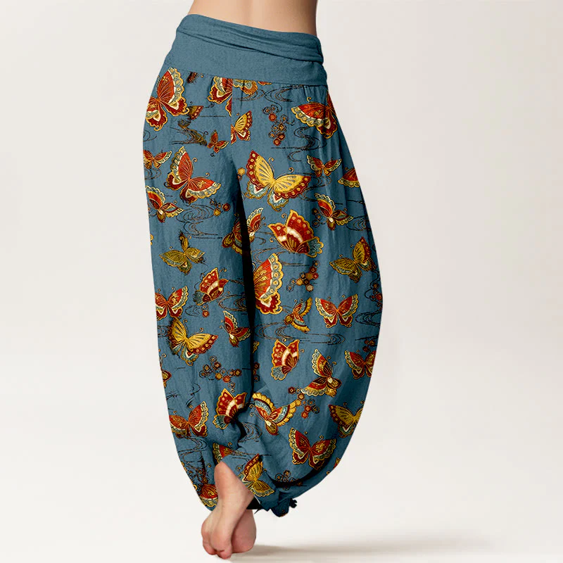 Pantaloni harem da donna con elastico in vita e motivo a farfalla colorata in cotone Buddha Stones - Image 7