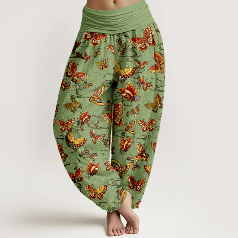 Pantaloni harem da donna con elastico in vita e motivo a farfalla colorata in cotone Buddha Stones - Image 9