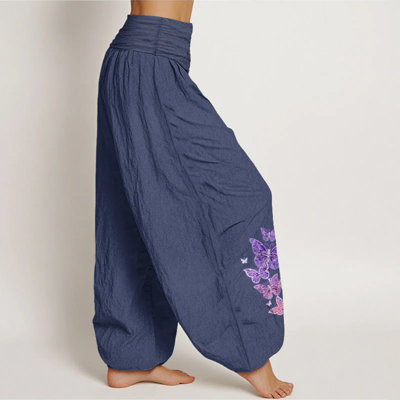 Pantaloni harem da donna con elastico in vita e motivo a farfalla in puro cotone color pastello Buddha Stones - Image 11
