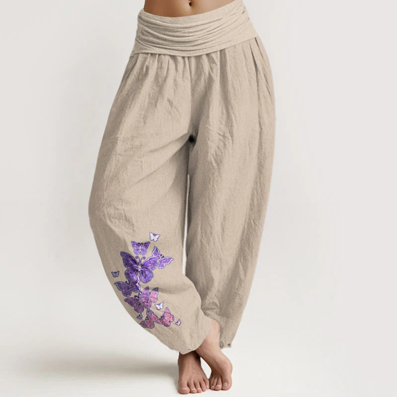 Pantaloni harem da donna con elastico in vita e motivo a farfalla in puro cotone color pastello Buddha Stones - Image 12