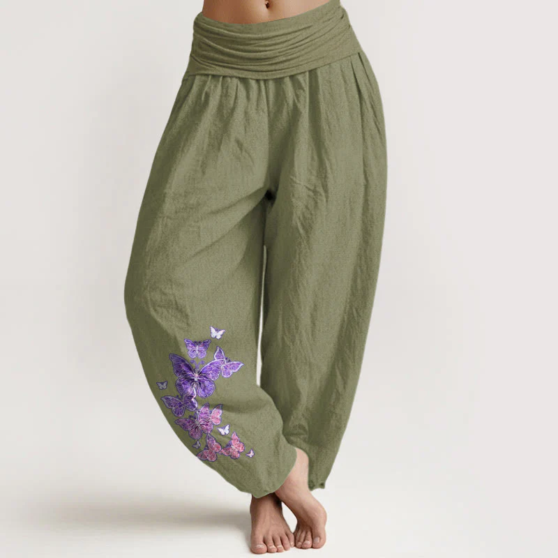 Pantaloni harem da donna con elastico in vita e motivo a farfalla in puro cotone color pastello Buddha Stones - Image 15