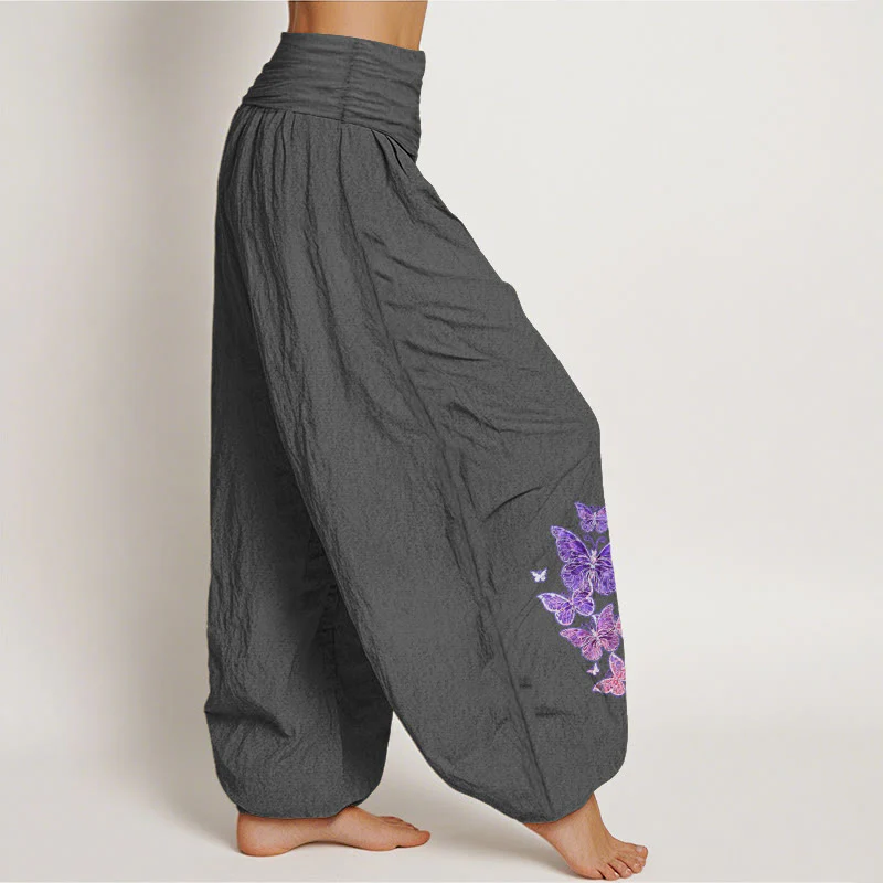 Pantaloni harem da donna con elastico in vita e motivo a farfalla in puro cotone color pastello Buddha Stones - Image 3