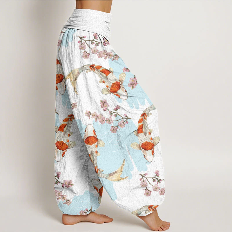 Pantaloni harem da donna con elastico in vita, in cotone, casual, motivo con pesci koi e fiori di ciliegio, motivo Buddha Stones - Image 2