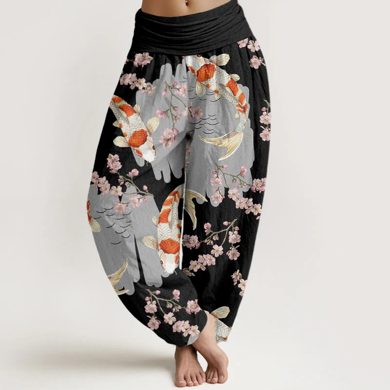 Pantaloni harem da donna con elastico in vita, in cotone, casual, motivo con pesci koi e fiori di ciliegio, motivo Buddha Stones - Image 5