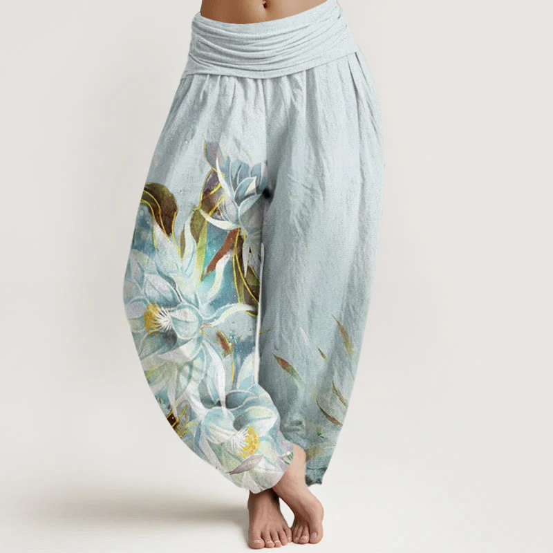 Pantaloni harem da donna con elastico in vita e motivo a fiori di Epiphyllum in cotone con Buddha Stones