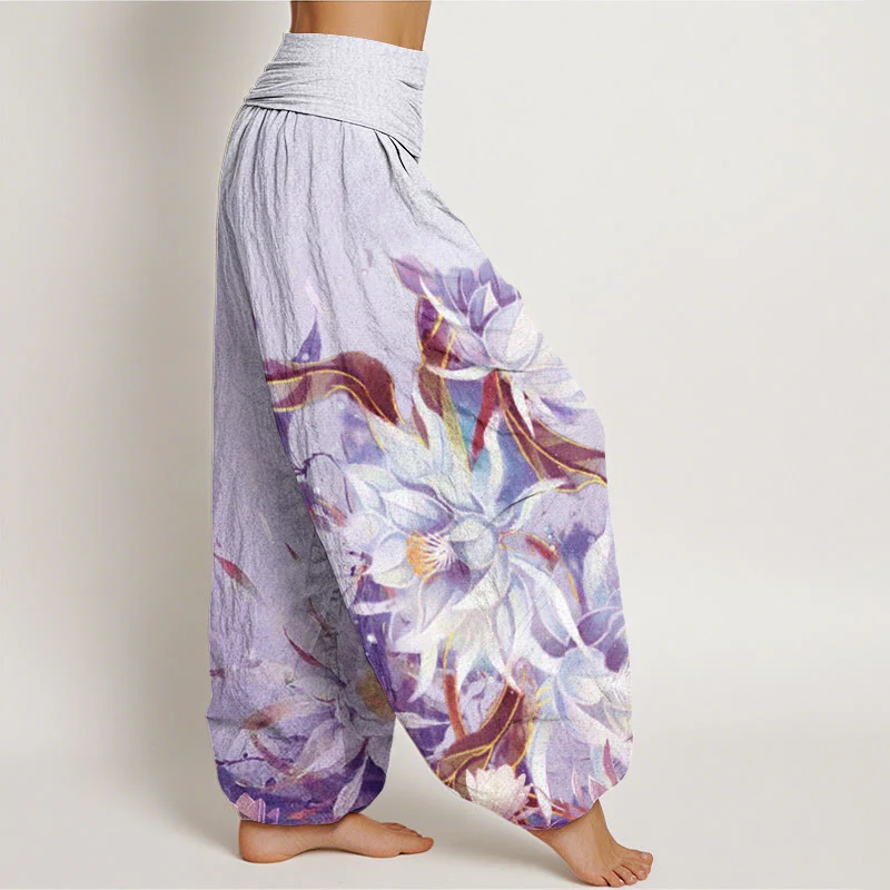 Pantaloni harem da donna con elastico in vita e motivo a fiori di Epiphyllum in cotone con Buddha Stones - Image 10