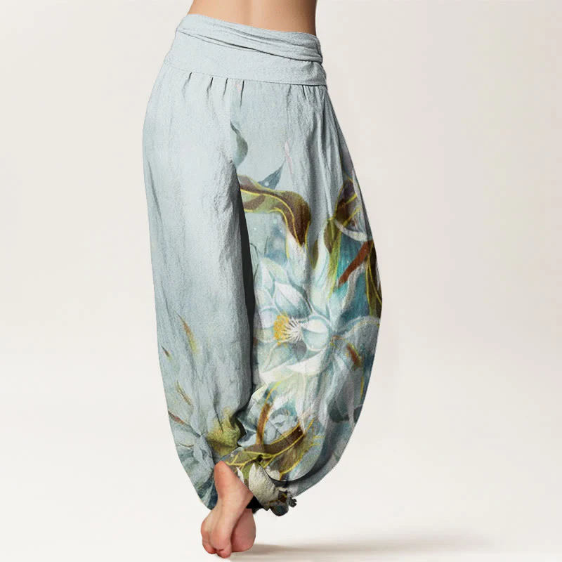 Pantaloni harem da donna con elastico in vita e motivo a fiori di Epiphyllum in cotone con Buddha Stones - Image 2